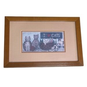 Vintage 90s Folk Art Style Cat Art Print I Love Cats Tan Brown Real Wood Frame
